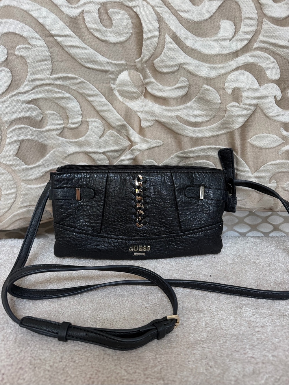 GUESS Black Faux Leather Triple Zip Crossbody Bag with Floral Lining